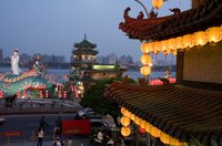 A cityscape of a business district in Taiwan in the evening.