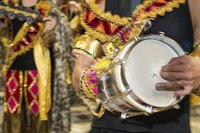 A close-up of a people playing instruments in festive attire.