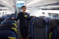 Chunnel train attendant standing inside of train.