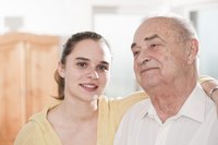 A young woman assisting an elderly relative.