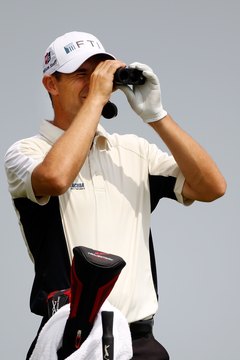 Padraig Harrington uses a rangefinder, legally, during a practice round prior to the 2010 PGA Championship.