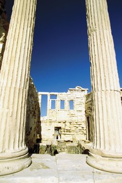 Grand columns of the Propylaia Acropolis in Athens, Greece.