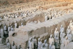 Digital Vision./Digital Vision/Getty Images Terracotta warriors found in the tomb of an emperor follows the burial custom of equipping the deceased for the afterlife.