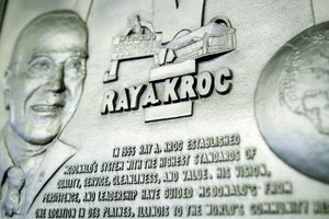 Brendan Smialowski/Getty Images News/Getty Images A plaque honours McDonald's founder Ray Kroc and his generosity which donated 1.5 billion dollars to the Salvation Army.