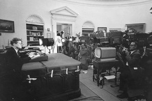 Getty Images/Hulton Archive/Getty Images President John F. Kennedy gives a televised speech to the nation about the strategic blockade of Cuba, and his warning to the Soviet Union during the Cuban missile crisis October 24, 1962 in Washington, DC.