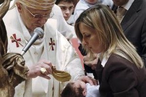 exorcism catholic baptisms invocation xvi pope pours benedict holy during water baby baptism ceremony