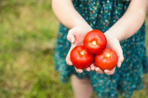 Una mujer sujetando tres tomates.
