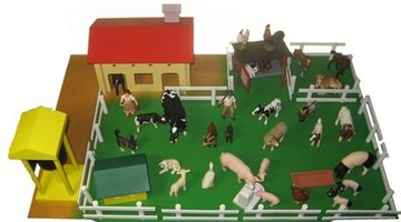 The phonetic farm contains objects like a figure of a man, a cow, a ram and a dog as well as corresponding word cards.