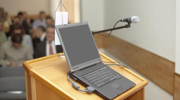 Debate podium with microphone and laptop