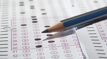 Close-up of pencil on top of scantron answer sheet.