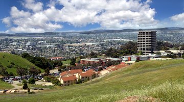 Hayward, East Bay hills, and the San Francisco Bay, overlooking California State University, East Bay and the iconic (now demolished) Warren Hall