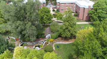 An aerial view of LVC's Peace Garden, taken by Blue Fuego. The Peace Garden is in the middle of the College's Residential Quad and is a popular place to study, relax, or take milestone photographs, especially weddings.