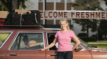 A freshman student arriving with bags on her car at college.