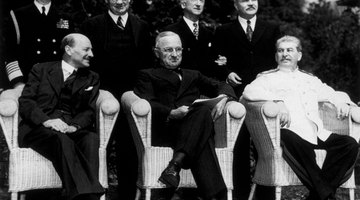 The new 'Big Three' at the Potsdam Conference, after Attlee succeeded Churchill as British Prime Minister. L-R seated: Clement Attlee, Harry S Truman and Joseph Stalin in August 1945.