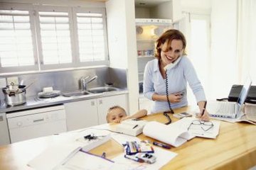 Woman on phone with son nearby Woman on phone with son nearby