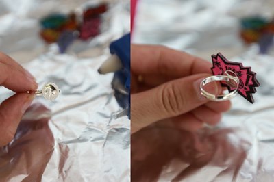 Glue ring to the rough side of the Shrinky Dink.