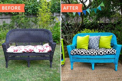 Add a pop of color to your outdoor space with a bright wicker chair.