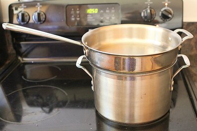 If you don't have a double boiler, stack two pots with the same diameter.