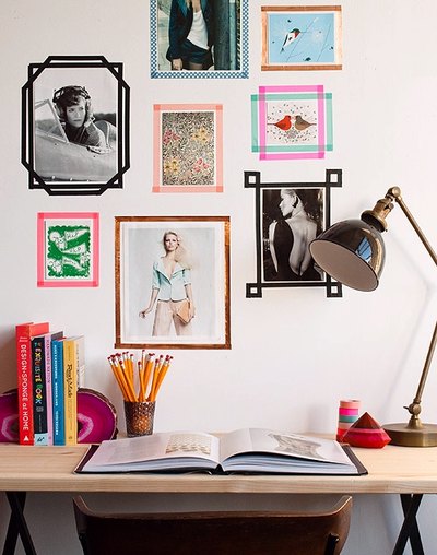 Washi tape creates colorful faux frames and designs on the wall.