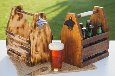 Wooden beer caddy in two finishes.