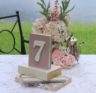 Vintage books display for a country chic wedding.