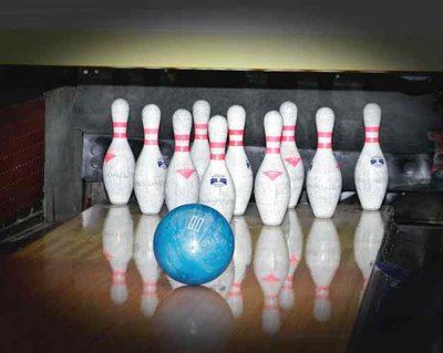 bowling pins and bowling ball