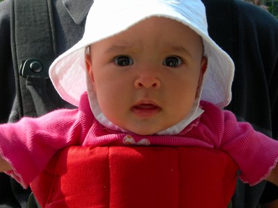 The baby is wide awake and watchful.