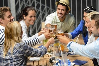 Friends toast at a dinner party