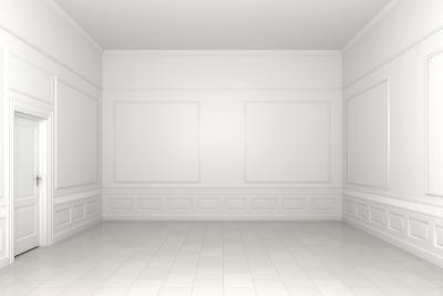 3D room with white walls and baseboards.