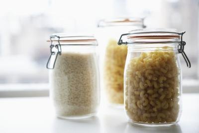 Dry pantry items in jars with sealed lids.