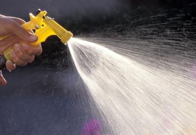 rinse exterior bricks with a garden hose