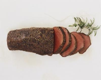 Cooked, sliced beef roast.