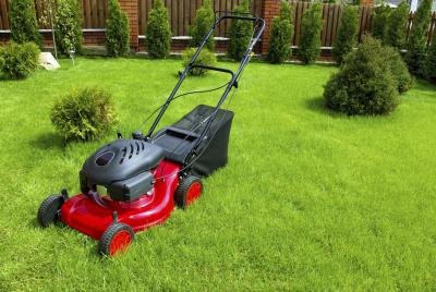 Red lawn mower on grass.
