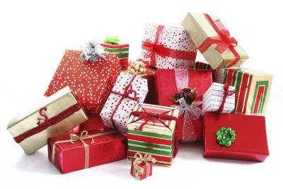 Christmas gift pile.