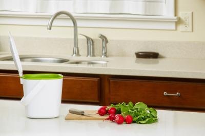 A compost container sits on the counter next to vegetables on a cutting board.