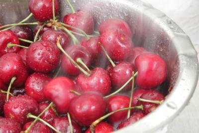 Bowl of cherries under running water.