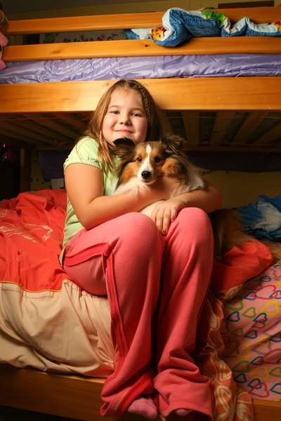 A girl sits on the bottom bunk with her dog.