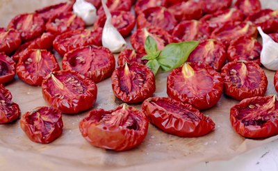 Dried heirloom tomatoes on counter.