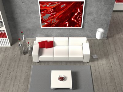 A warm color like red can be contrasted with several different shades of gray.