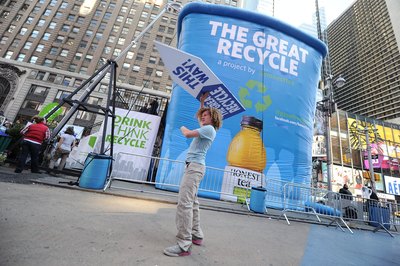 A 30ft. recycling bin erected by Honest Tea during 'The Great Recycle' event in TImes Square, New York City, NY.