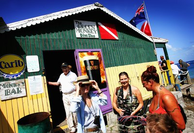 Tourists at dive shop in Little Bay, Montserrat