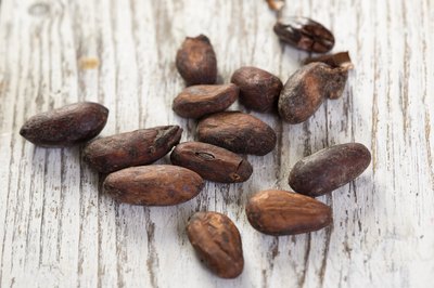 Close-up of cocoa beans on white table