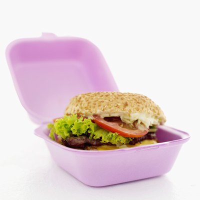 Close up of hamburger in a box.