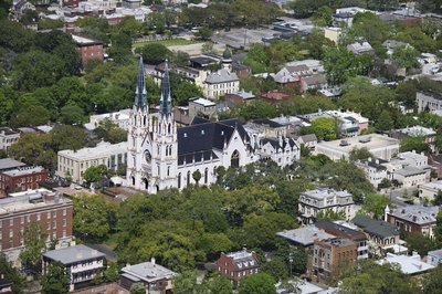 Aerial view of Cathedral of St. John the Baptist, Savannah, Georgia.