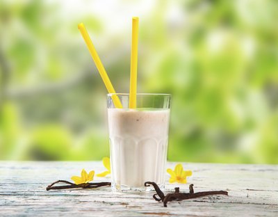 Protein shake on table.