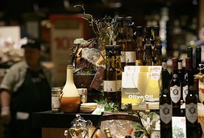 Olive oil display at a market in California