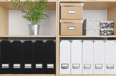 Shelves organized with storage boxes