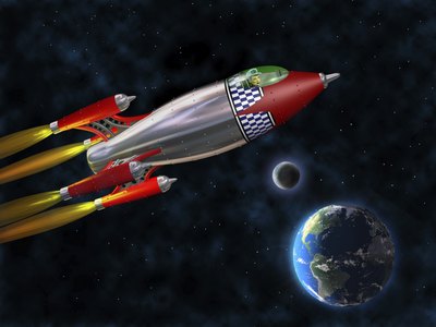 A 1950s-style painting of a rocket ship flying past Earth