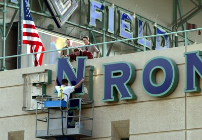 Enron letters being removed from former Enron Field, Houston in 2002
