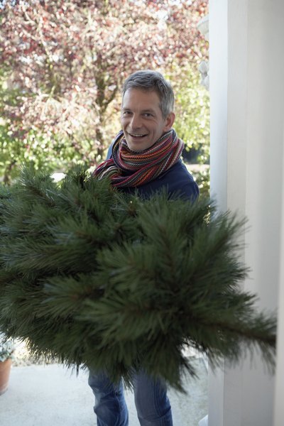 Man carrying Christmas tree into house